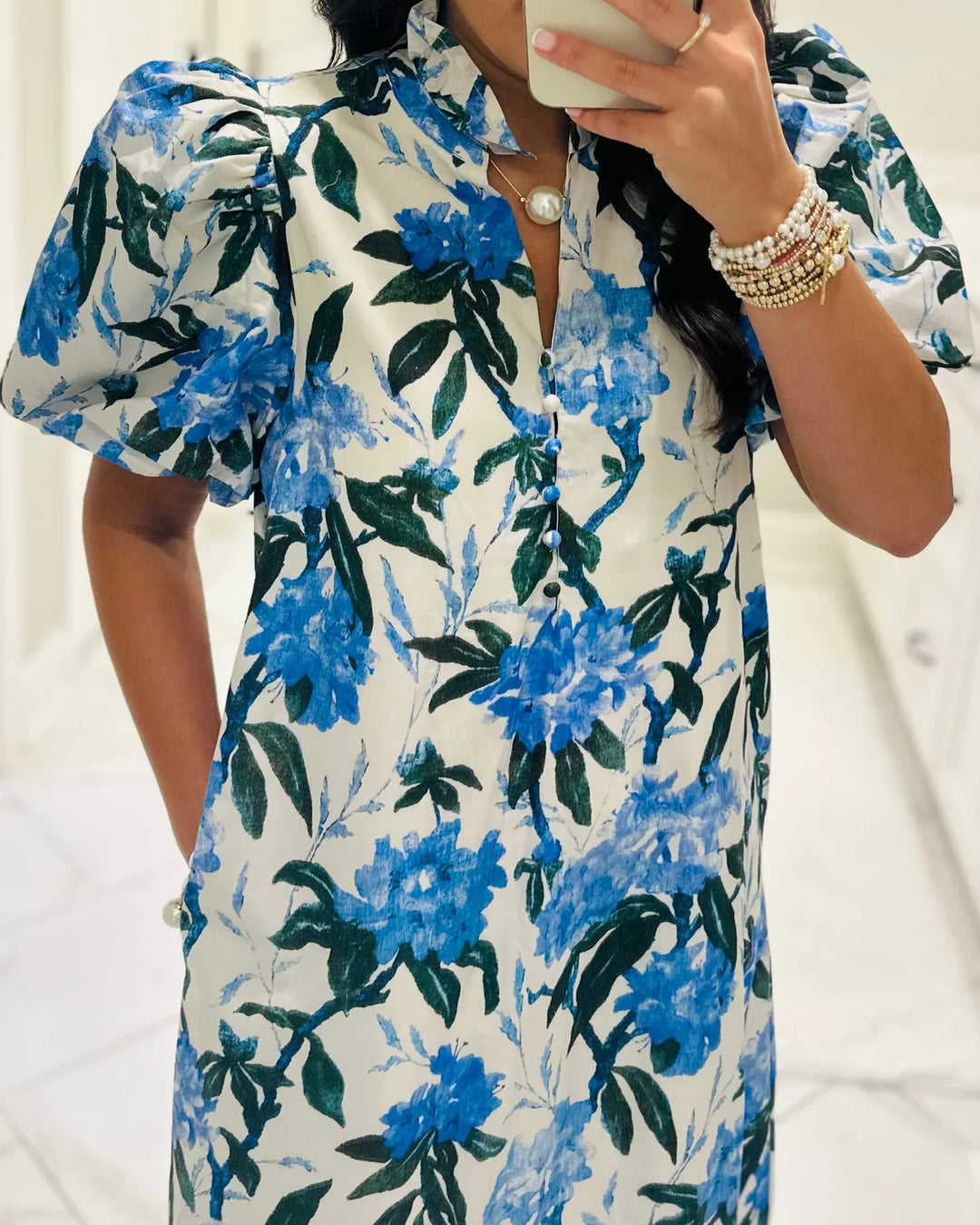 Blue Floral Puff-Sleeve Ruffle Maxi Dress
