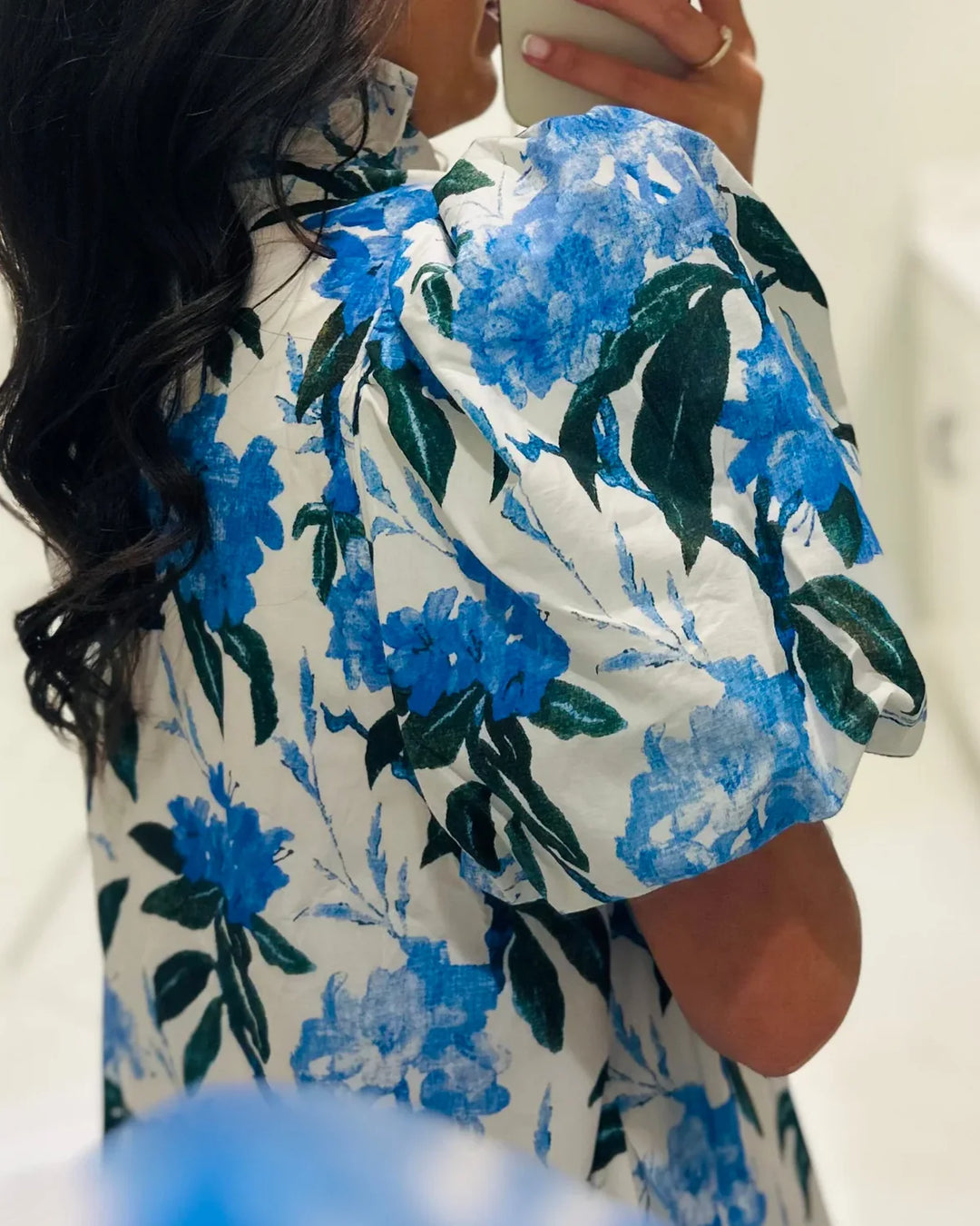 Blue Floral Puff-Sleeve Ruffle Maxi Dress