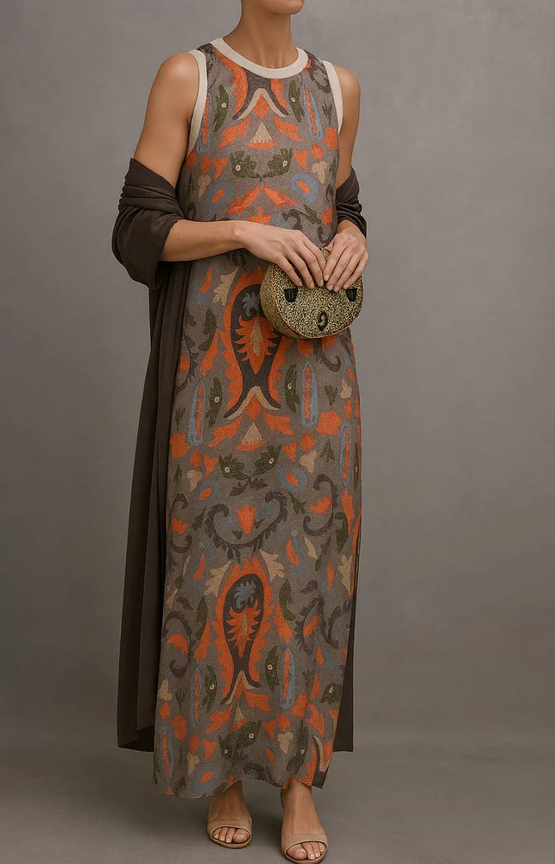 Élina | Printed Maxi Dress Set with Matching Cardigan