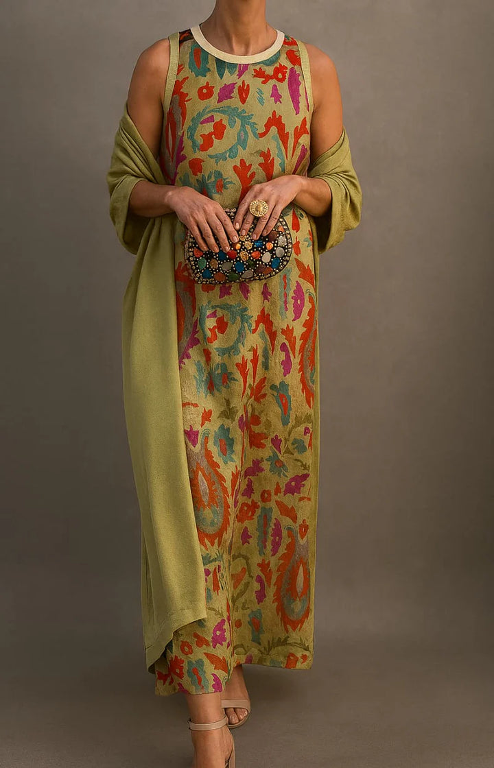 Élina | Printed Maxi Dress Set with Matching Cardigan