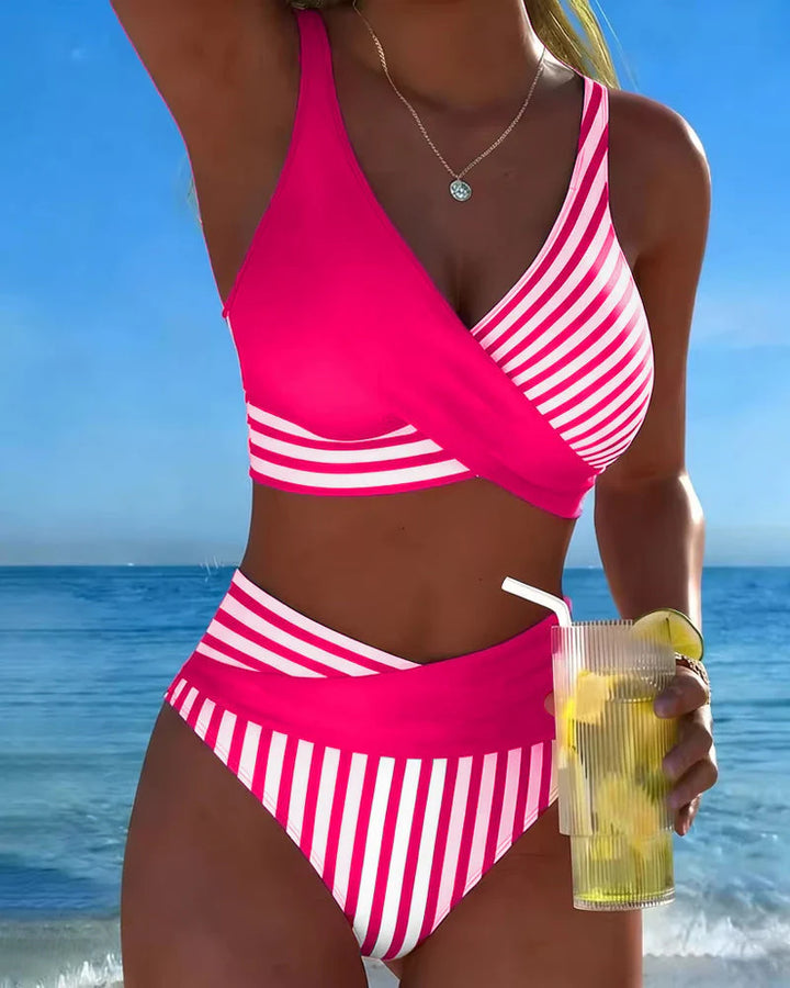 Striped Print Crossover Bikini