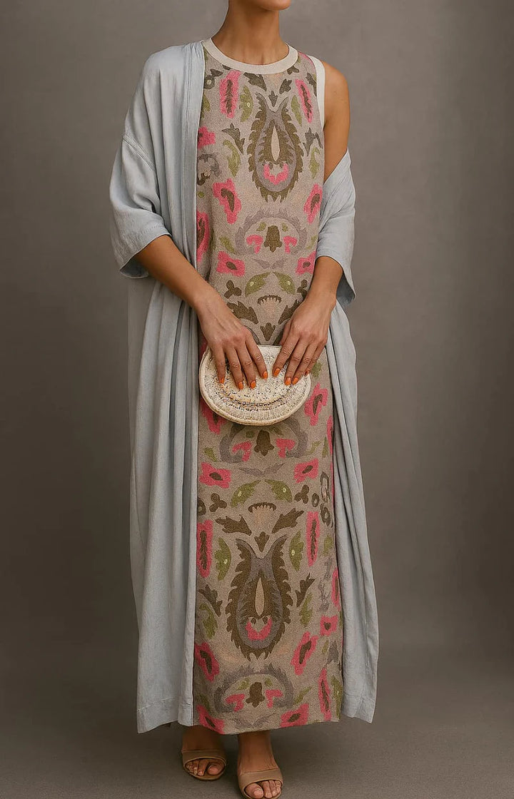 Élina | Printed Maxi Dress Set with Matching Cardigan