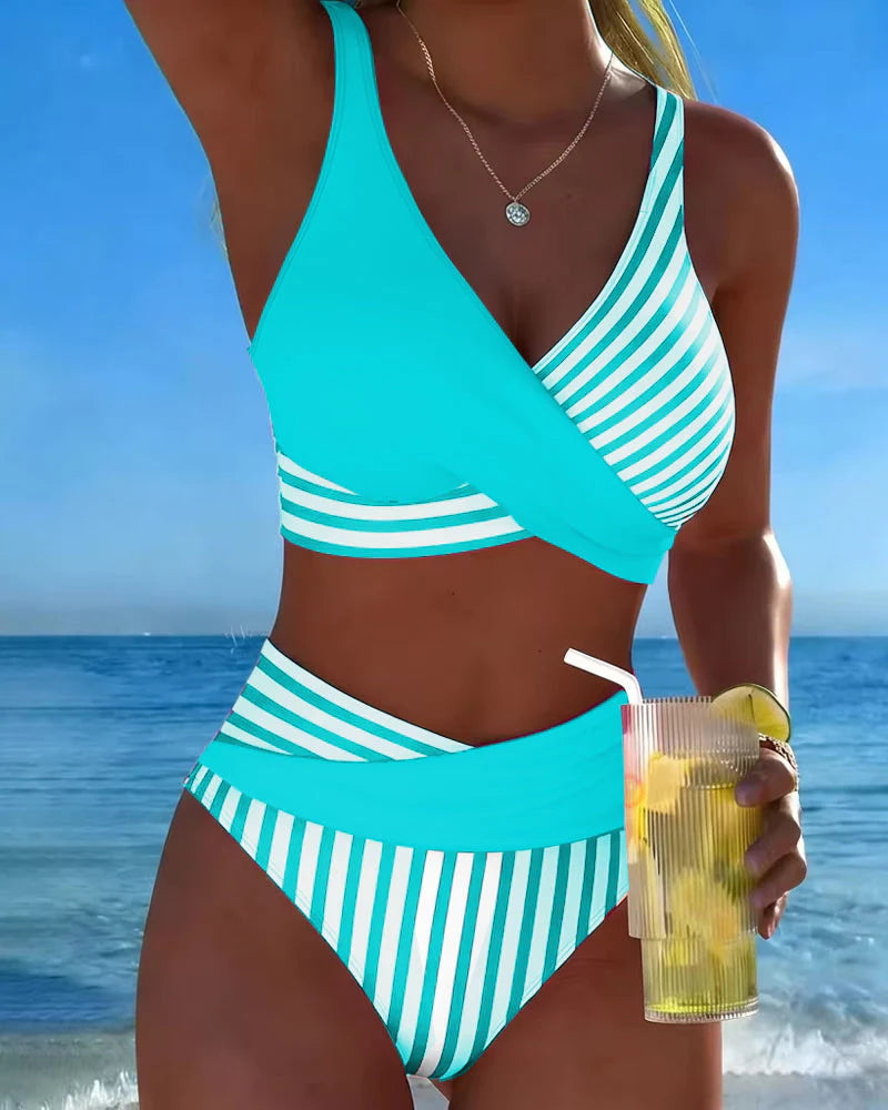 Striped Print Crossover Bikini