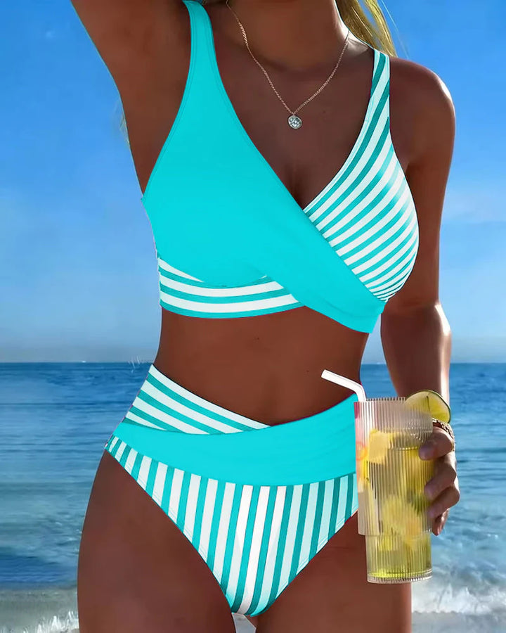 Striped Print Crossover Bikini