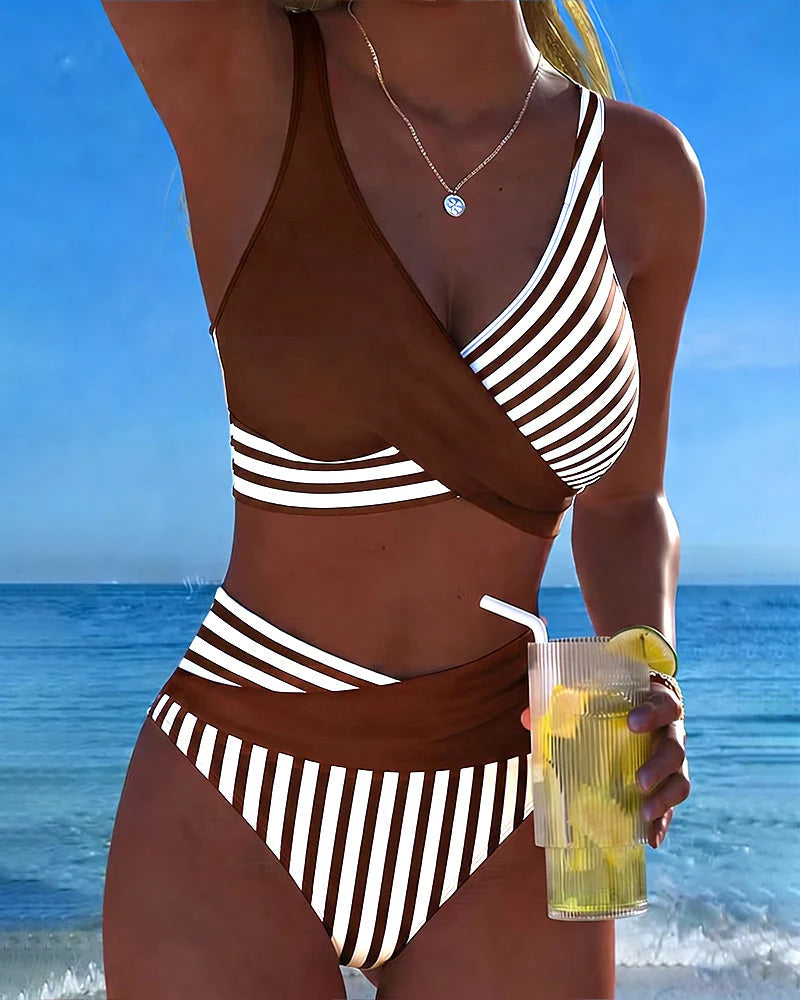 Striped Print Crossover Bikini
