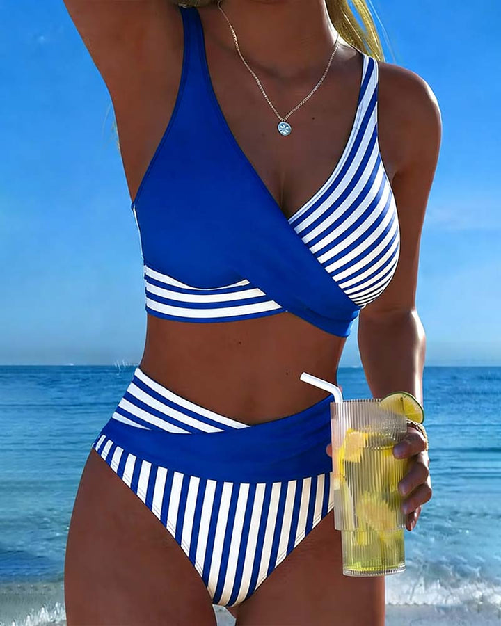 Striped Print Crossover Bikini