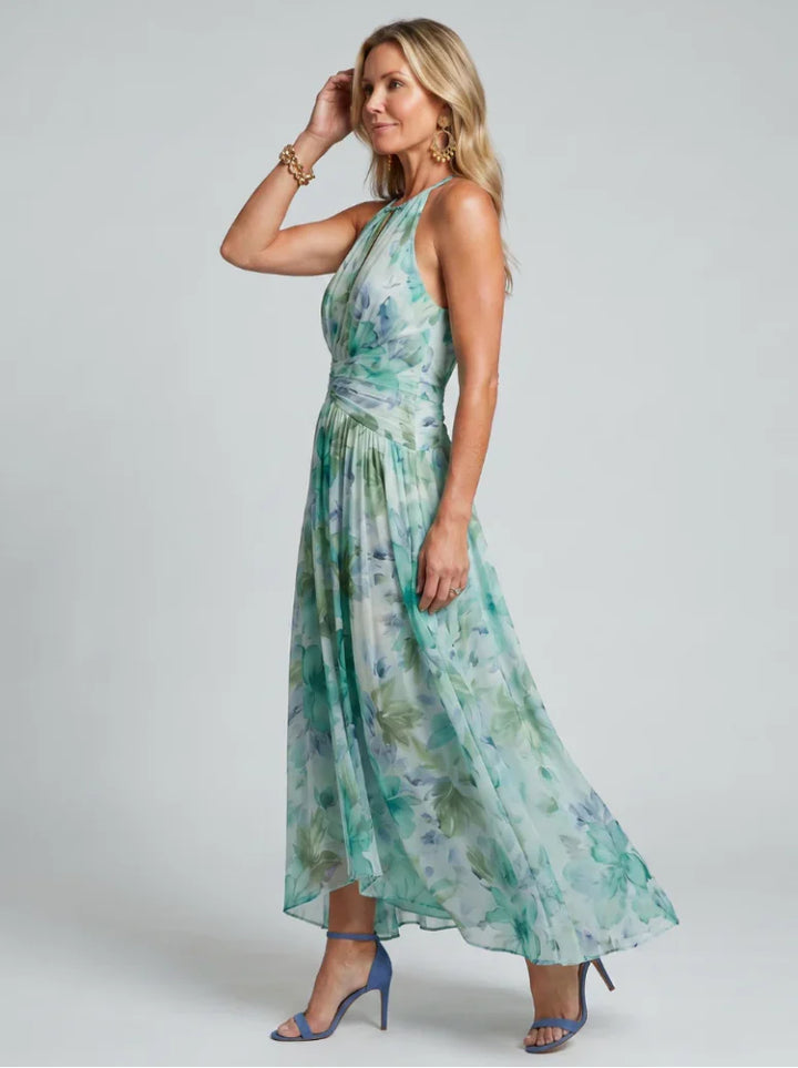 Portia | Pleated Midi Dress with Halter Neck and Delicate Floral Print