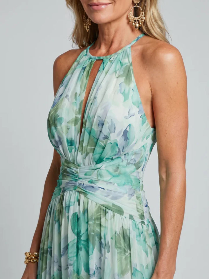 Portia | Pleated Midi Dress with Halter Neck and Delicate Floral Print