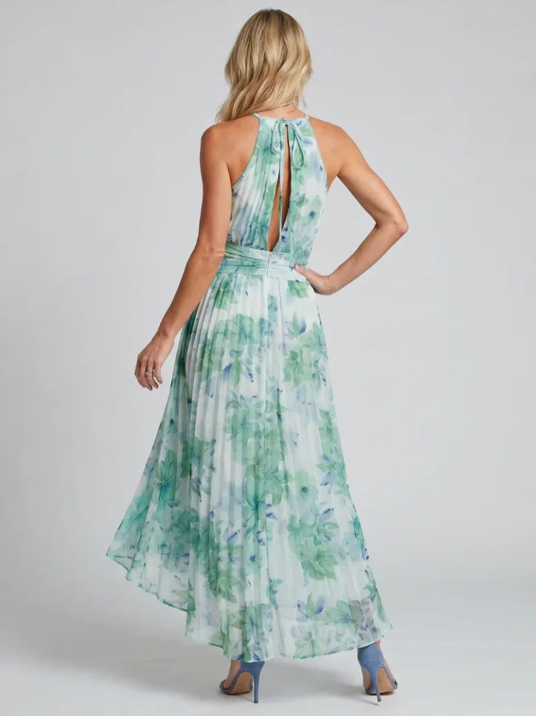 Portia | Pleated Midi Dress with Halter Neck and Delicate Floral Print