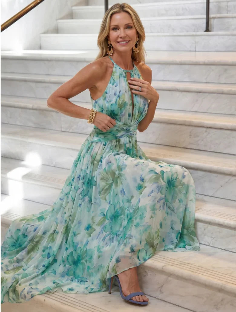 Portia | Pleated Midi Dress with Halter Neck and Delicate Floral Print