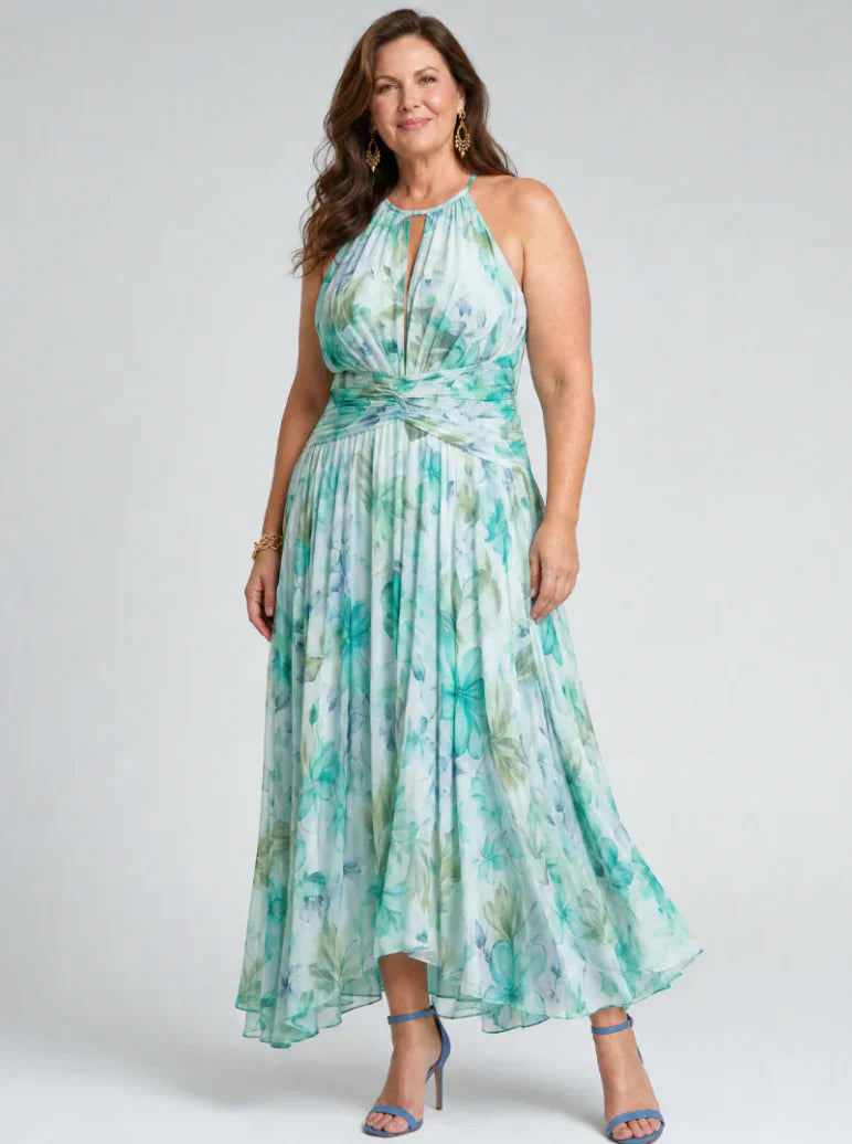 Portia | Pleated Midi Dress with Halter Neck and Delicate Floral Print