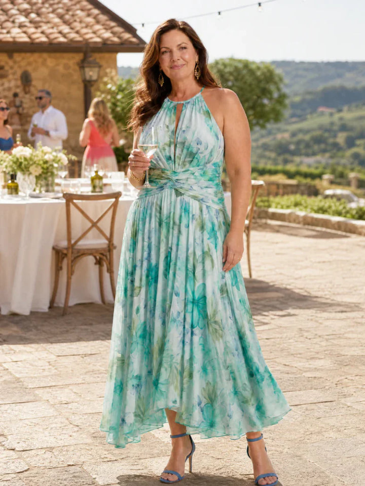 Portia | Pleated Midi Dress with Halter Neck and Delicate Floral Print