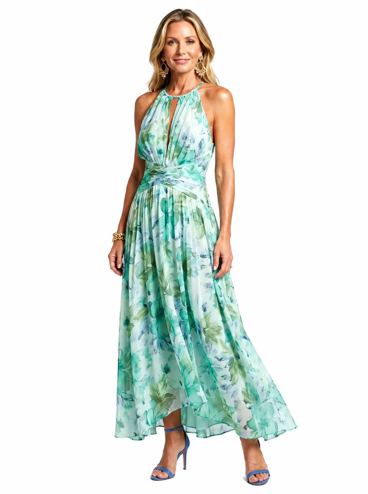Portia | Pleated Midi Dress with Halter Neck and Delicate Floral Print