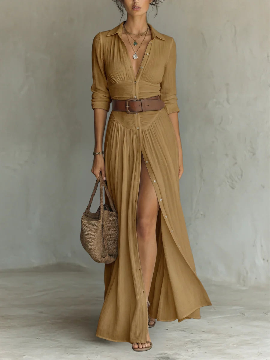 Long-Sleeve Collared Maxi Dress