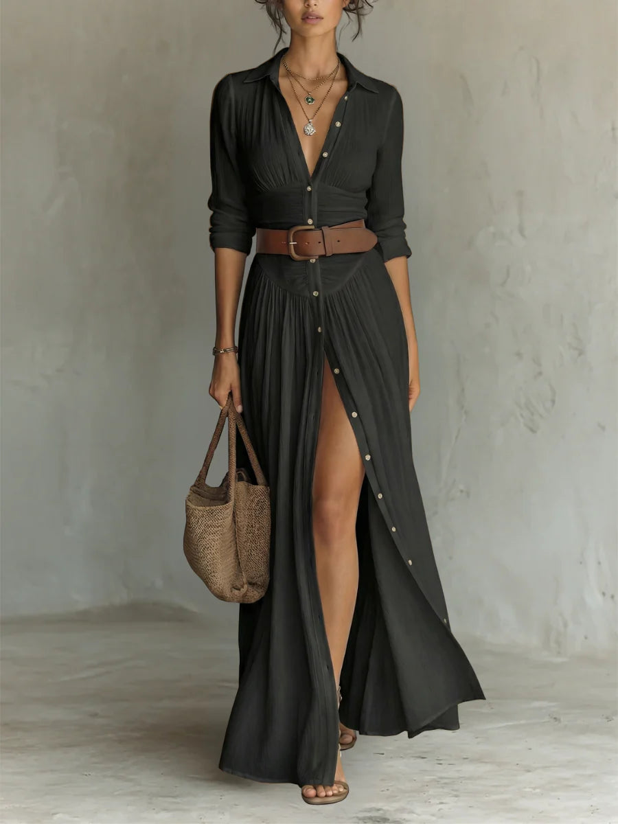 Long-Sleeve Collared Maxi Dress