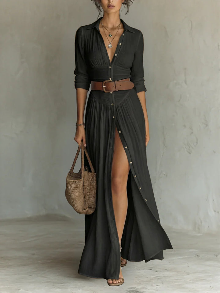 Long-Sleeve Collared Maxi Dress
