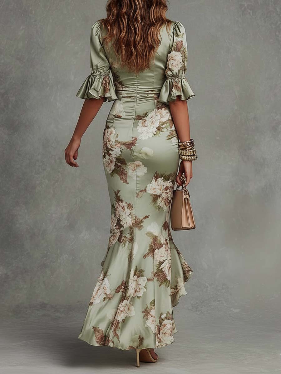 Anna | Floral Satin V-Neck Dress