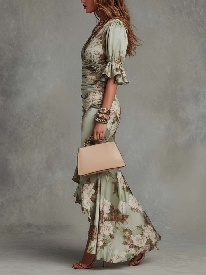 Anna | Floral Satin V-Neck Dress