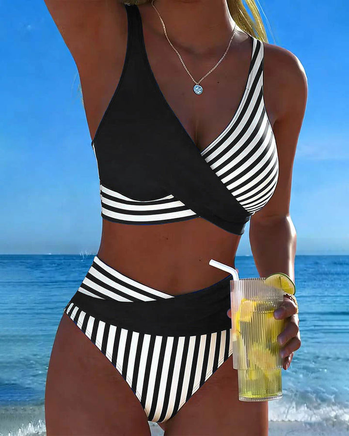 Striped Print Crossover Bikini