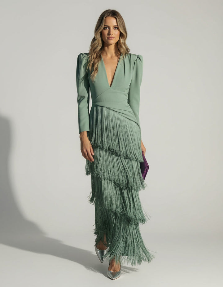 Camilla™ | Elegant Midi Dress with Fringe Sleeves