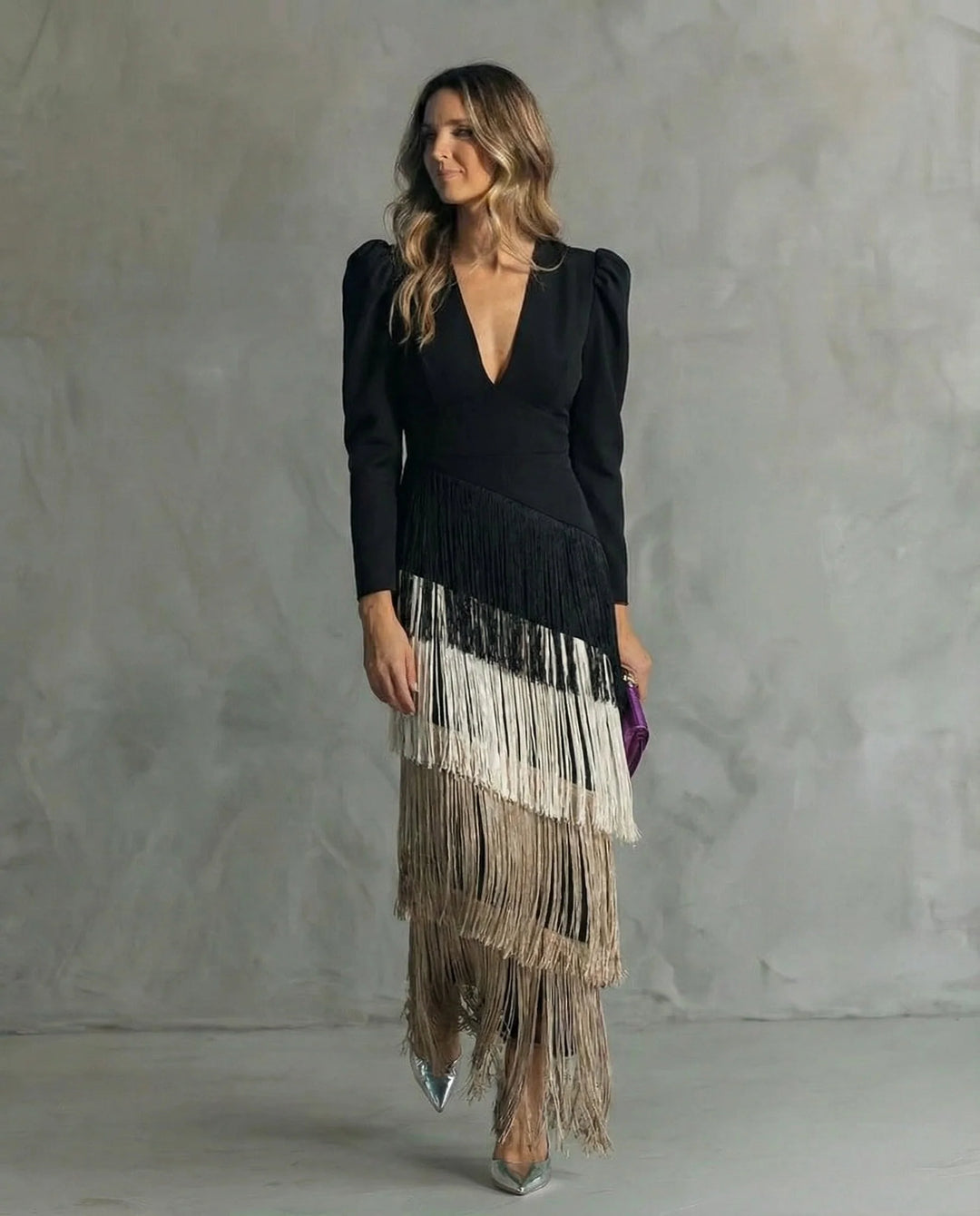 Camilla™ | Elegant Midi Dress with Fringe Sleeves