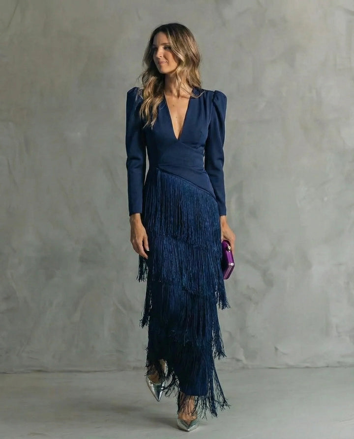 Camilla™ | Elegant Midi Dress with Fringe Sleeves
