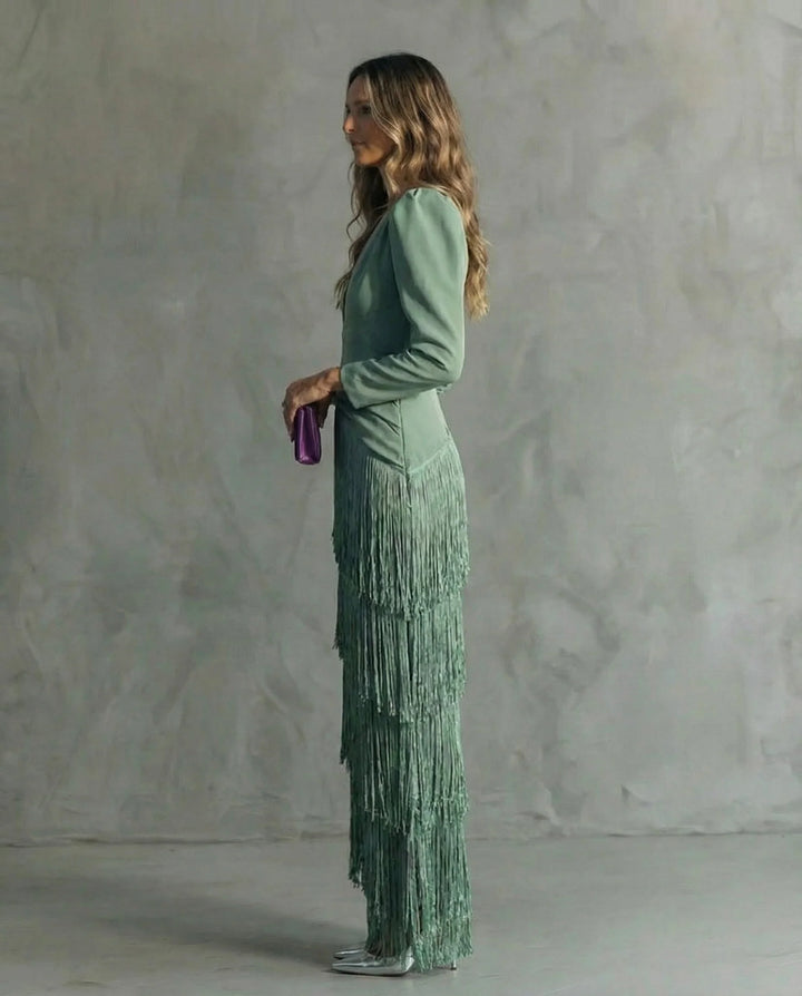 Camilla™ | Elegant Midi Dress with Fringe Sleeves