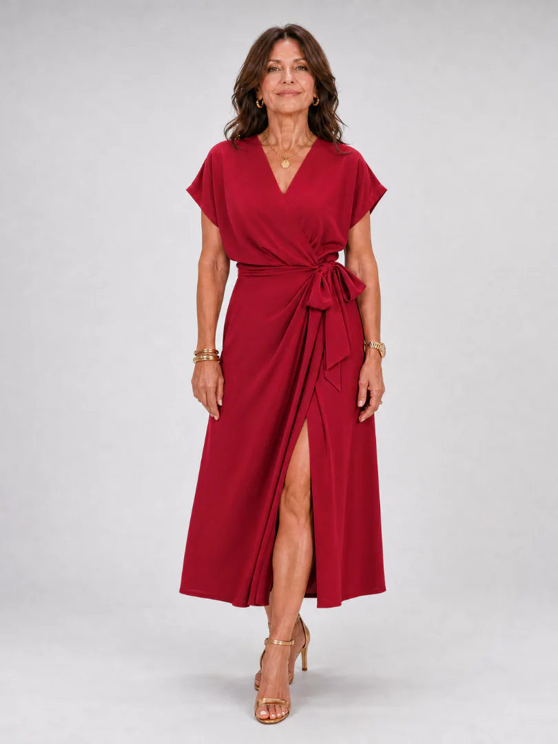 Oklea | Short Sleeve Wrap Tie Midi Dress