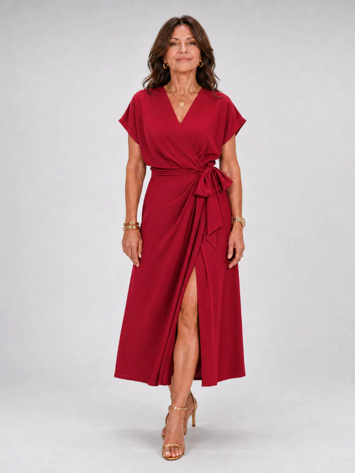 Oklea | Short Sleeve Wrap Tie Midi Dress