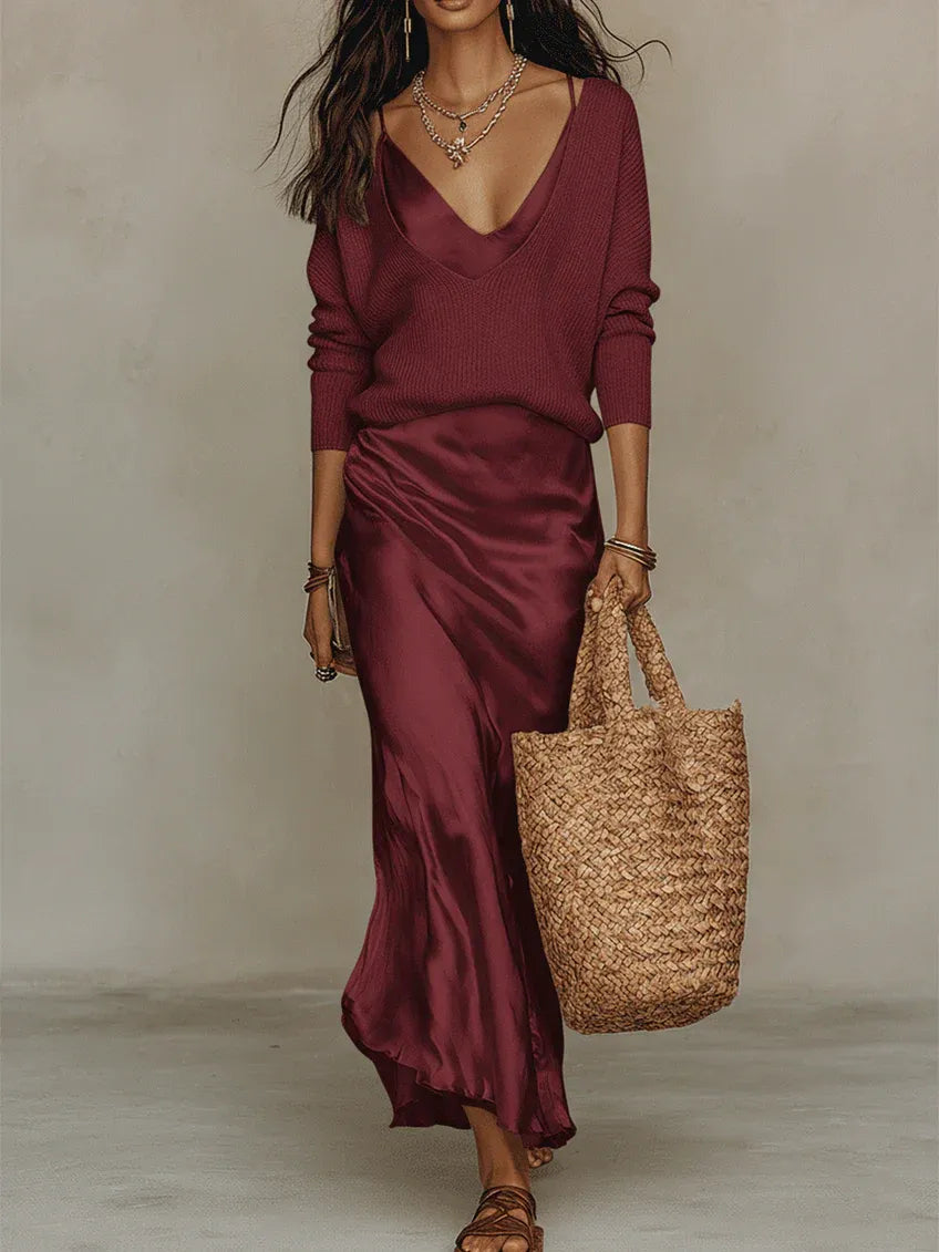 Sienna | Soft Satin Midi Dress with Blouse
