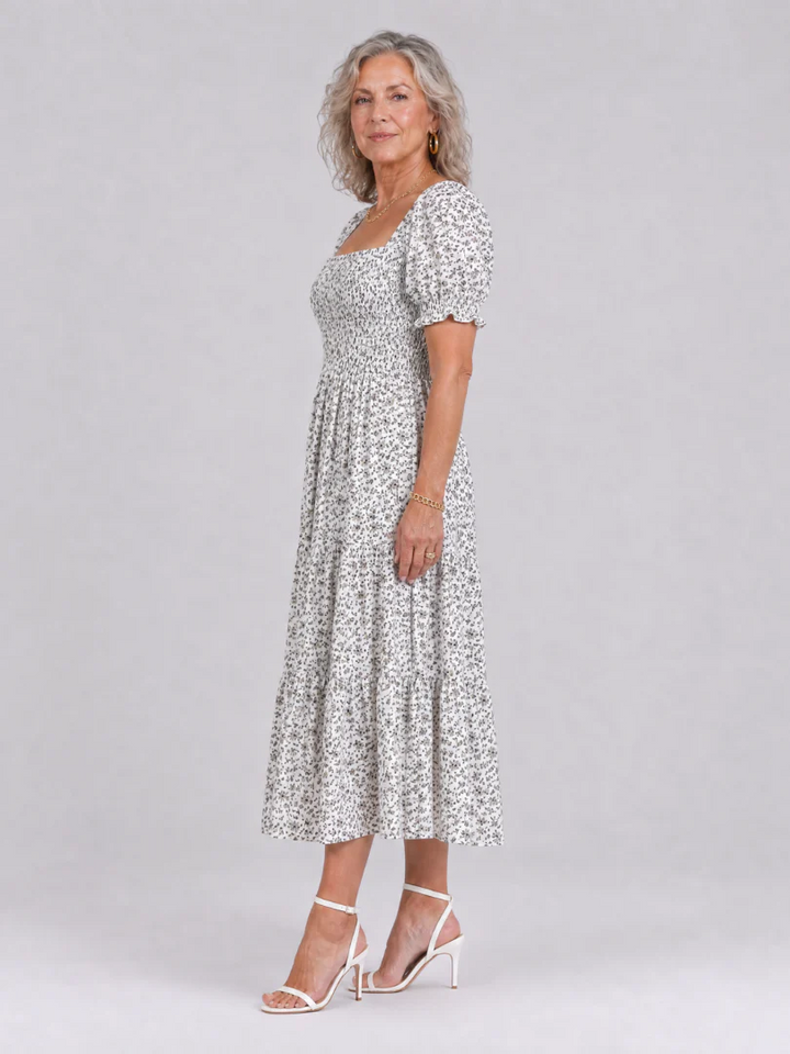 Louse | Floral Smocked Square Neck Midi Dress