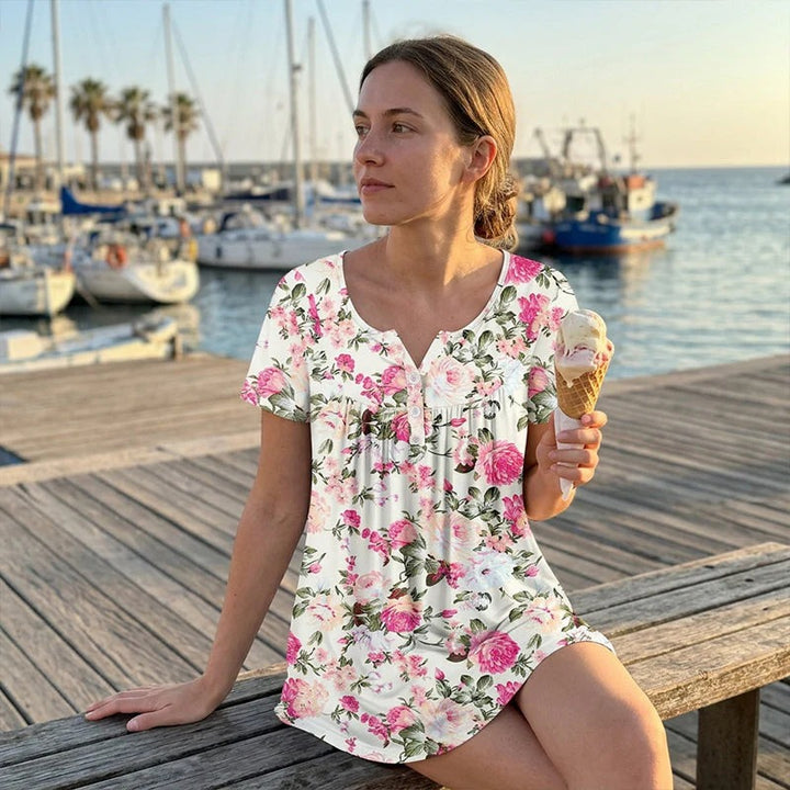 Women’s Flowy Floral Button-Up Tee – Casual, Breezy, Versatile