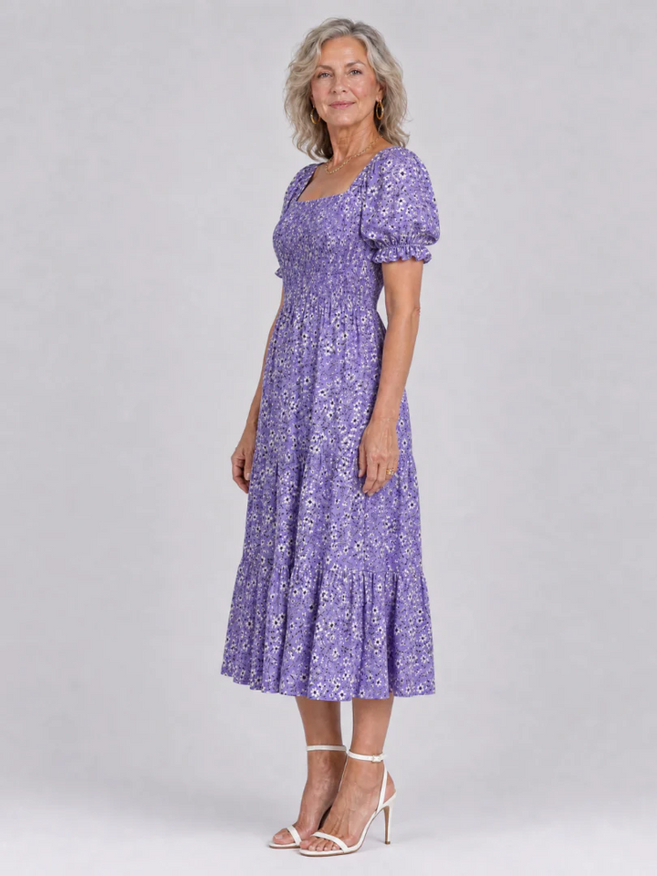Louse | Floral Smocked Square Neck Midi Dress