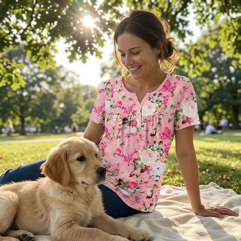 Women’s Flowy Floral Button-Up Tee – Casual, Breezy, Versatile