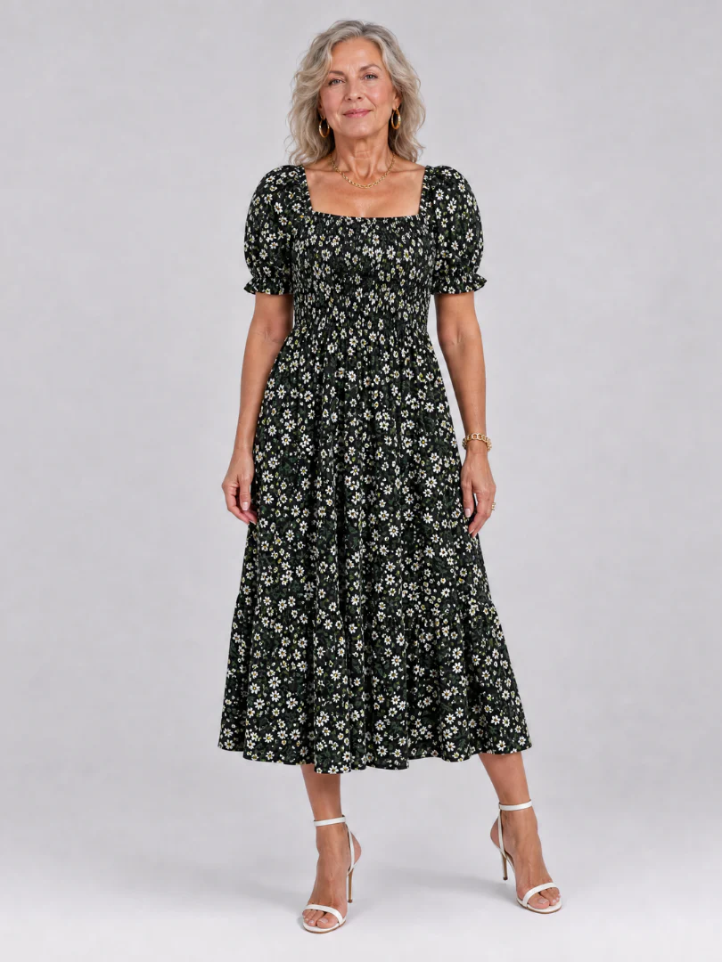Louse | Floral Smocked Square Neck Midi Dress