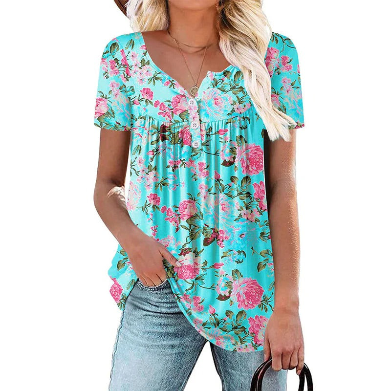 Women’s Flowy Floral Button-Up Tee – Casual, Breezy, Versatile