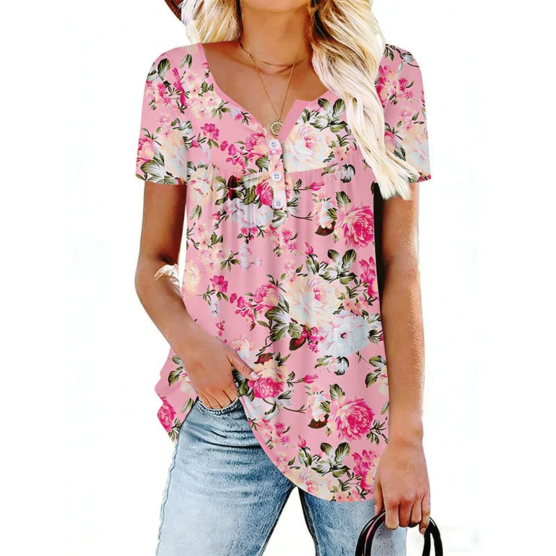 Women’s Flowy Floral Button-Up Tee – Casual, Breezy, Versatile