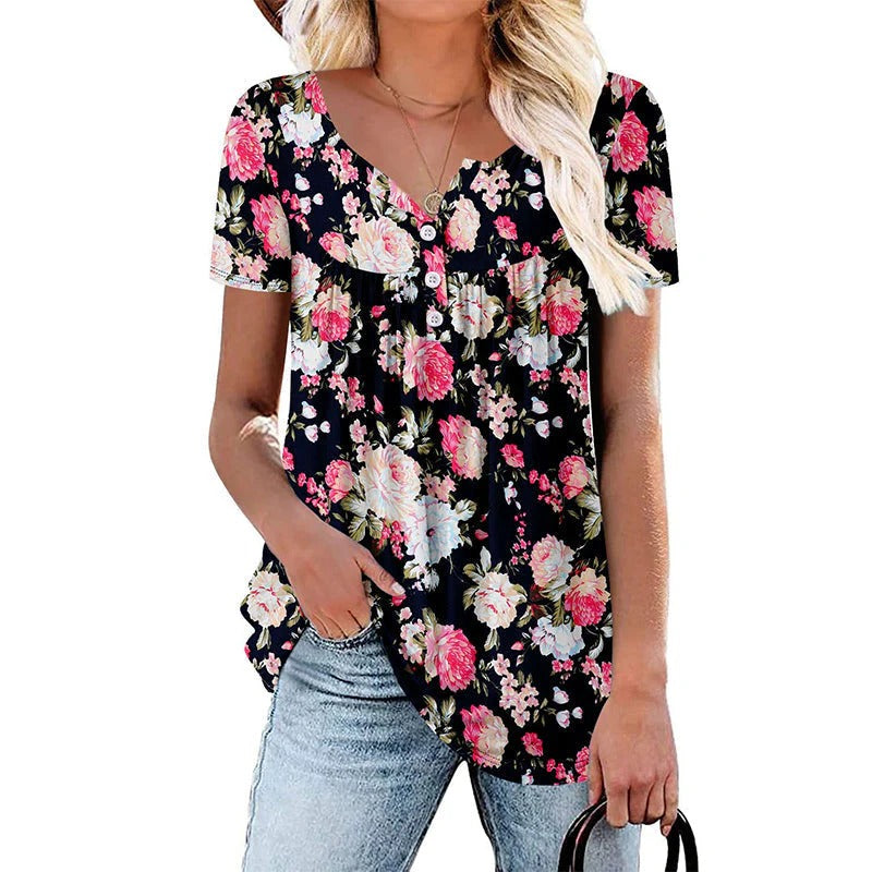 Women’s Flowy Floral Button-Up Tee – Casual, Breezy, Versatile