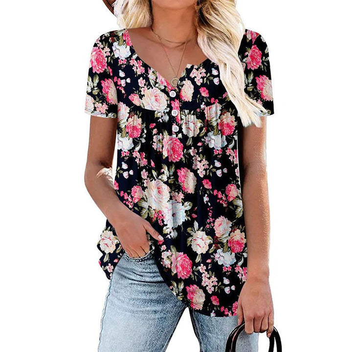 Women’s Flowy Floral Button-Up Tee – Casual, Breezy, Versatile