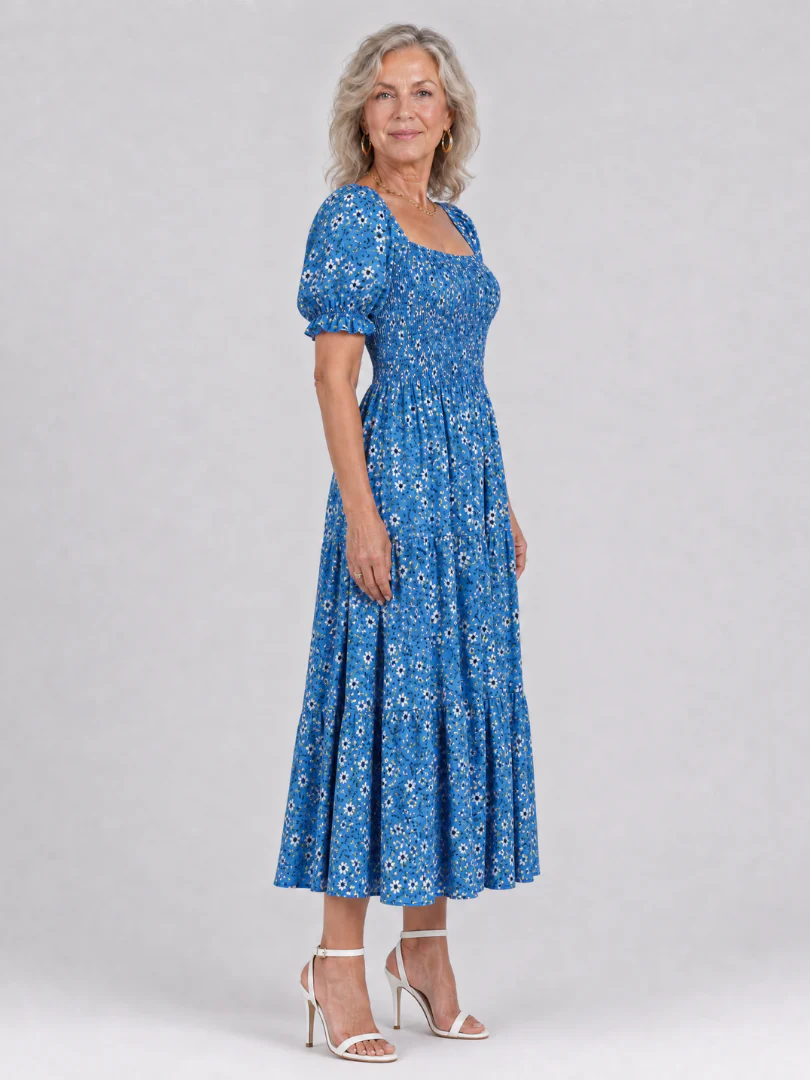 Louse | Floral Smocked Square Neck Midi Dress