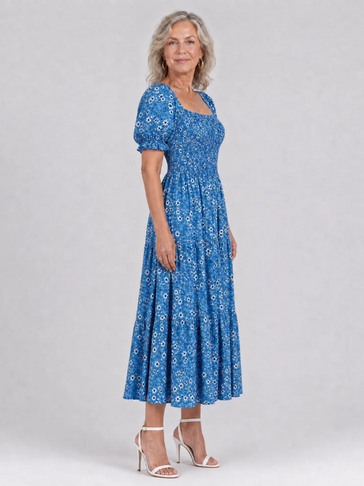 Louse | Floral Smocked Square Neck Midi Dress