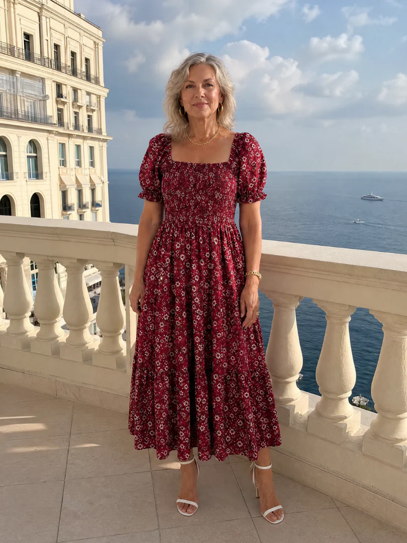 Louse | Floral Smocked Square Neck Midi Dress