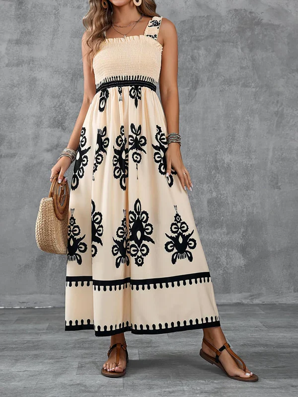 Artistic Geometric Print Smocked Maxi Dress