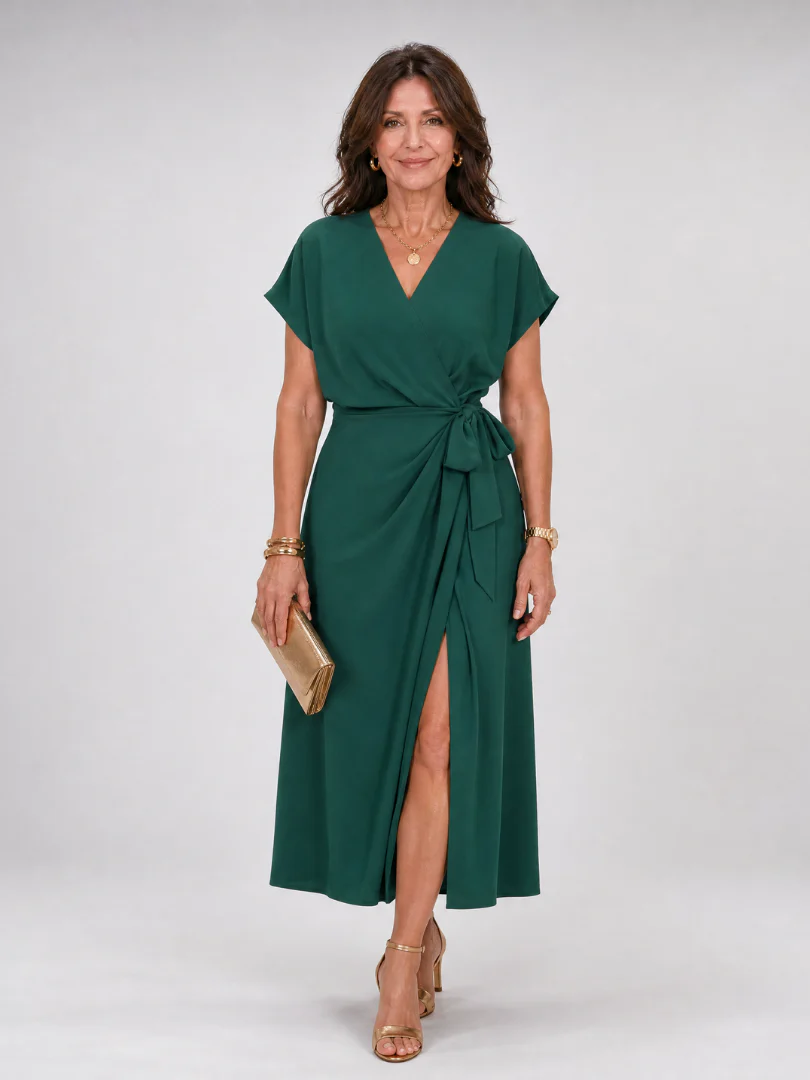 Oklea | Short Sleeve Wrap Tie Midi Dress