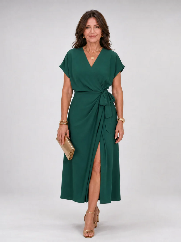 Oklea | Short Sleeve Wrap Tie Midi Dress
