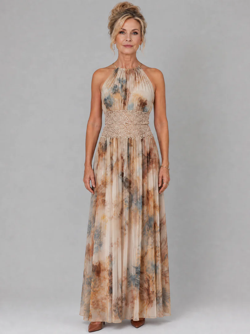 Elavenue | Halter Neck Lace Waist Maxi Dress