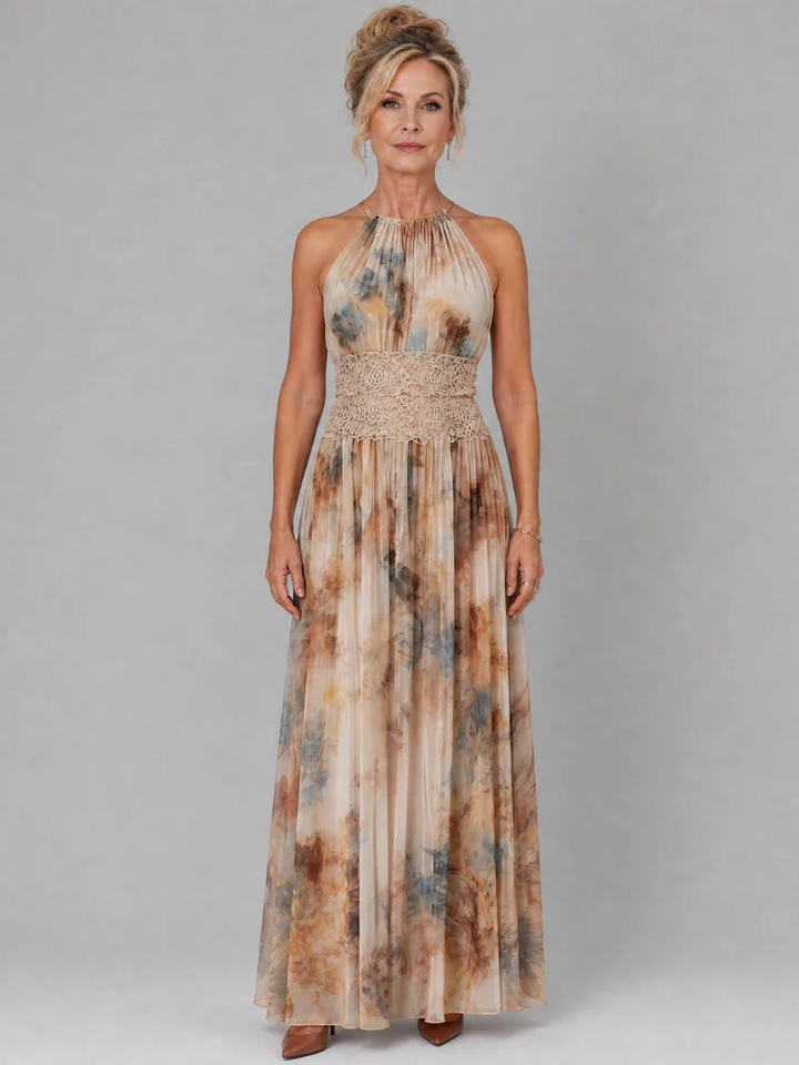 Elavenue | Halter Neck Lace Waist Maxi Dress