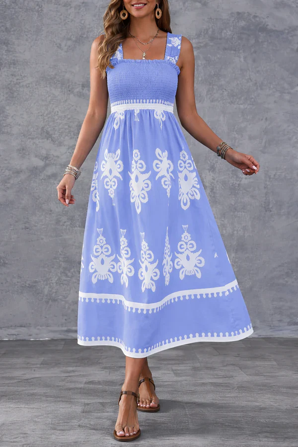 Artistic Geometric Print Smocked Maxi Dress