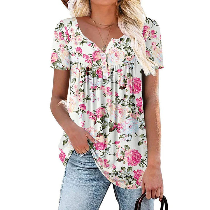 Women’s Flowy Floral Button-Up Tee – Casual, Breezy, Versatile