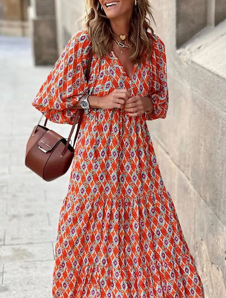 Women's Puff Sleeve Floral Boho Maxi Dress